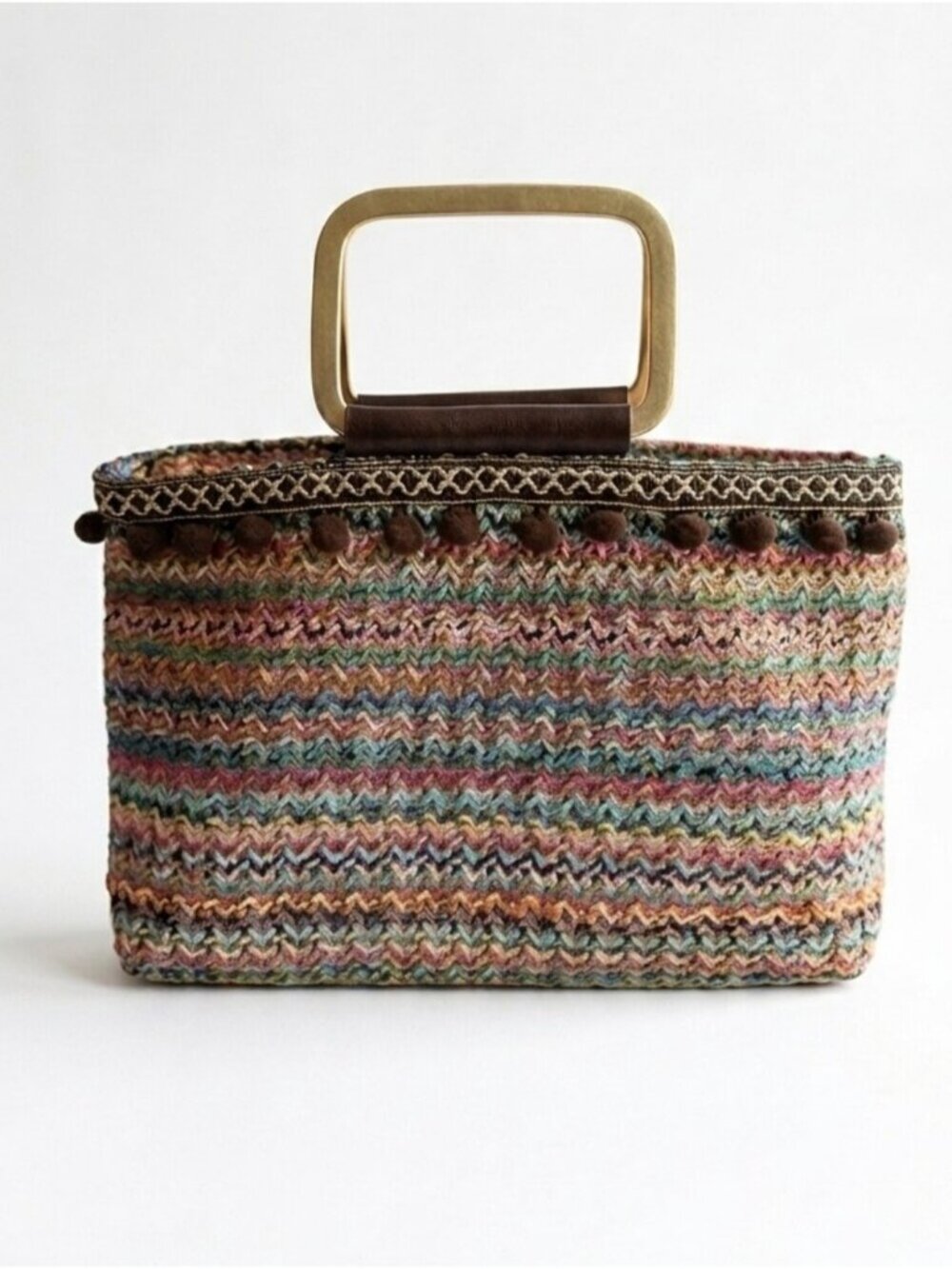 Coastal Cowgirl Boho Woven Chevron Top Handle Tote Bag Pom Pom Trim Artisan